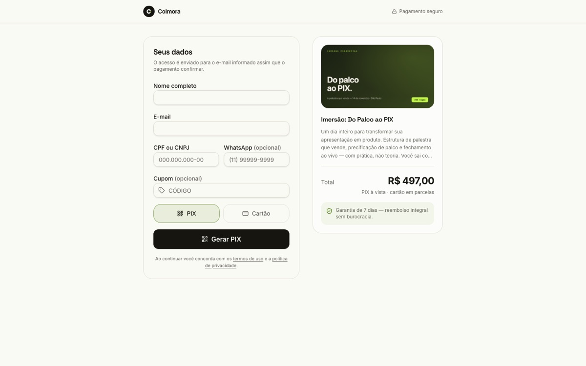 Checkout com campos de nome, e-mail e CPF, seleção PIX ou cartão e resumo do pedido.