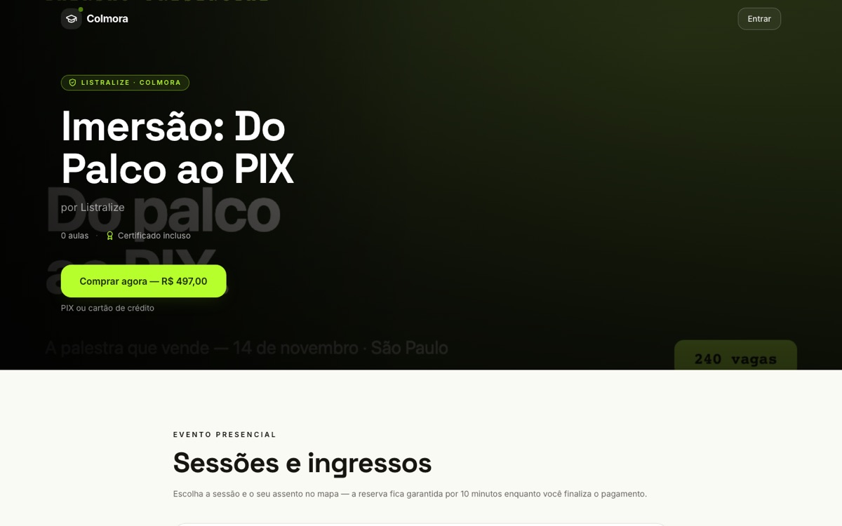 Página de venda de um evento com data, local e botão de compra.