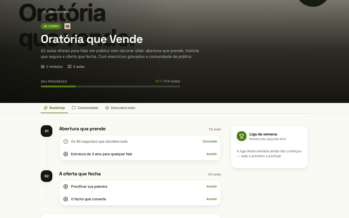 Área de membros do aluno com progresso no curso, módulos e aulas.