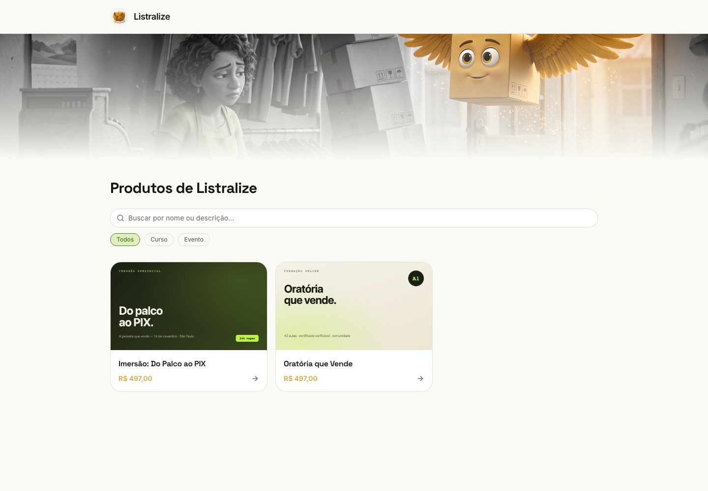 Vitrine pública de um produtor com busca, filtro por formato e cards de produto.